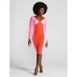 Gabrielle Union Vibrant Colorblock Long Sleeve Ribbed Knit Midi Bodycon Dress XL